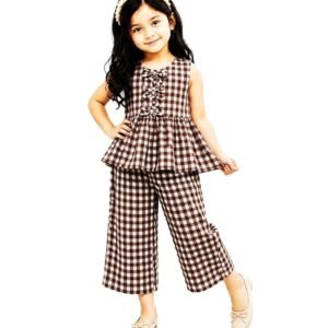 Girls Brown and White Striped Sleeveless Vest Top with Wide-Leg Trousers, 2-Piece Summer Outfit Set