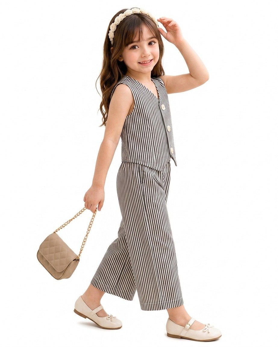 Girls Black and White Striped Sleeveless Vest Top with Wide-Leg Trousers, 2-Piece Summer Outfit Set - Image 5