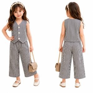 Girls Black and White Striped Sleeveless Vest Top with Wide-Leg Trousers, 2-Piece Summer Outfit Set