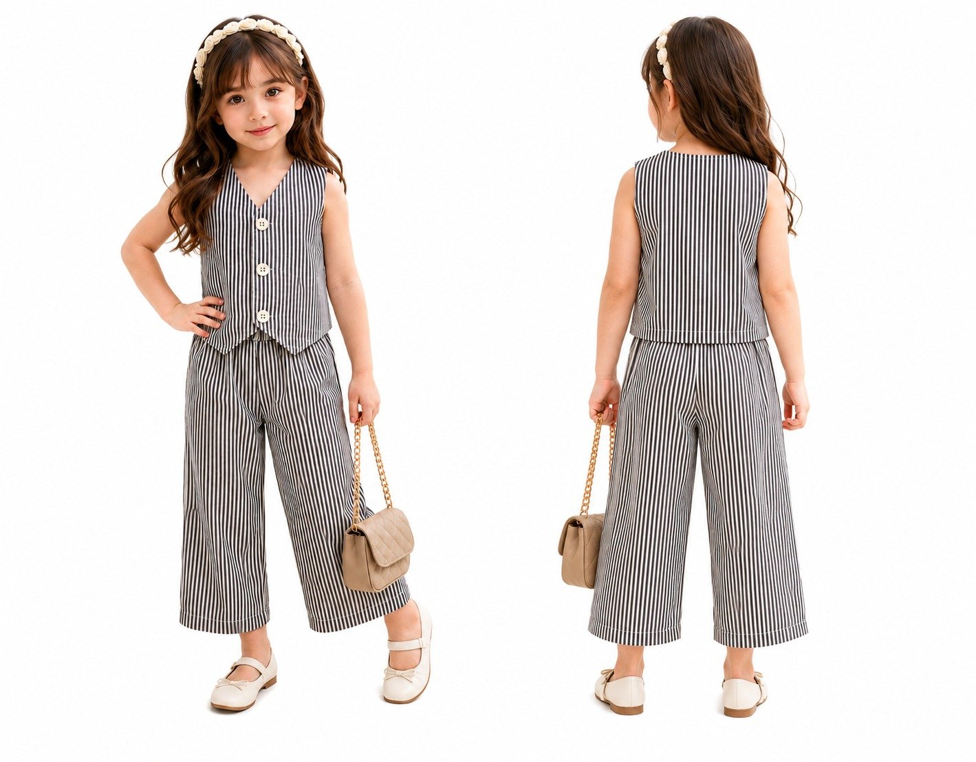 Girls Black and White Striped Sleeveless Vest Top with Wide-Leg Trousers, 2-Piece Summer Outfit Set