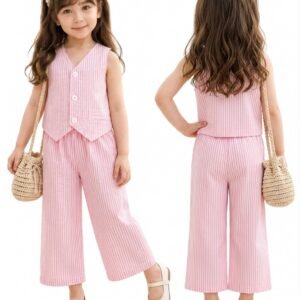 Girls Pink and White Striped Sleeveless Vest Top with Wide-Leg Trousers, 2-Piece Summer Outfit Set