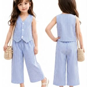 Girls Blue and White Striped Sleeveless Vest Top with Wide-Leg Trousers, 2-Piece Summer Outfit Set