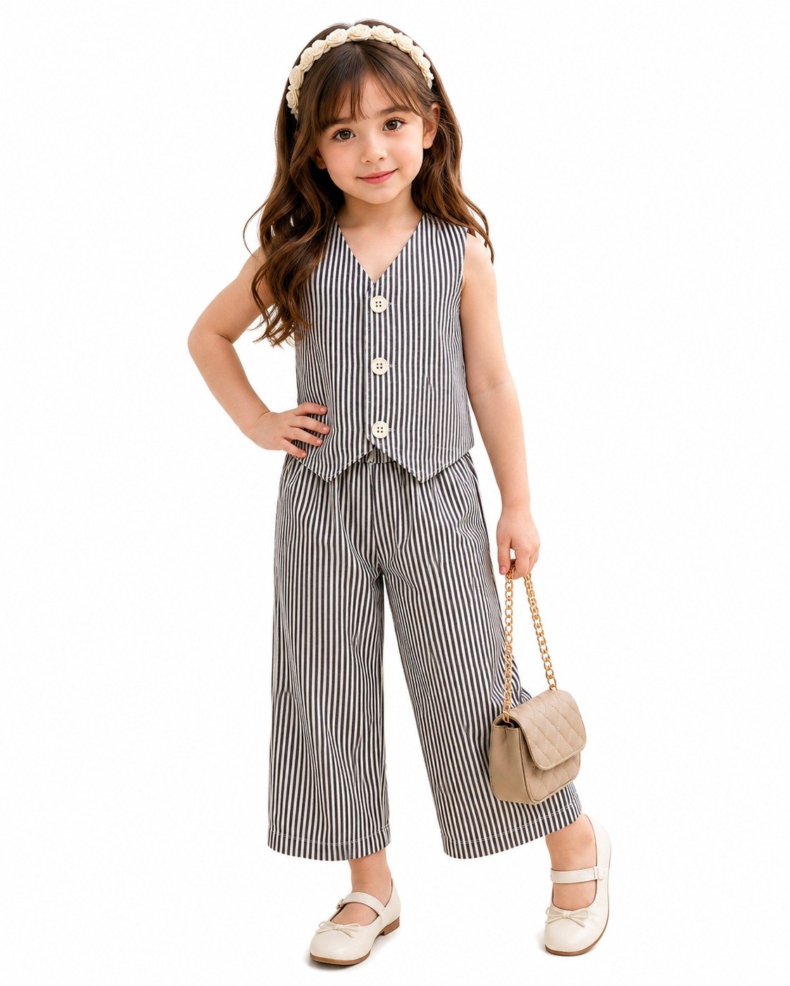 Girls Black and White Striped Sleeveless Vest Top with Wide-Leg Trousers, 2-Piece Summer Outfit Set - Image 6