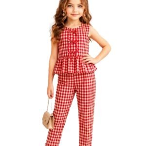 Girls Red and White Striped Sleeveless Vest Top with Wide-Leg Trousers, 2-Piece Summer Outfit Set